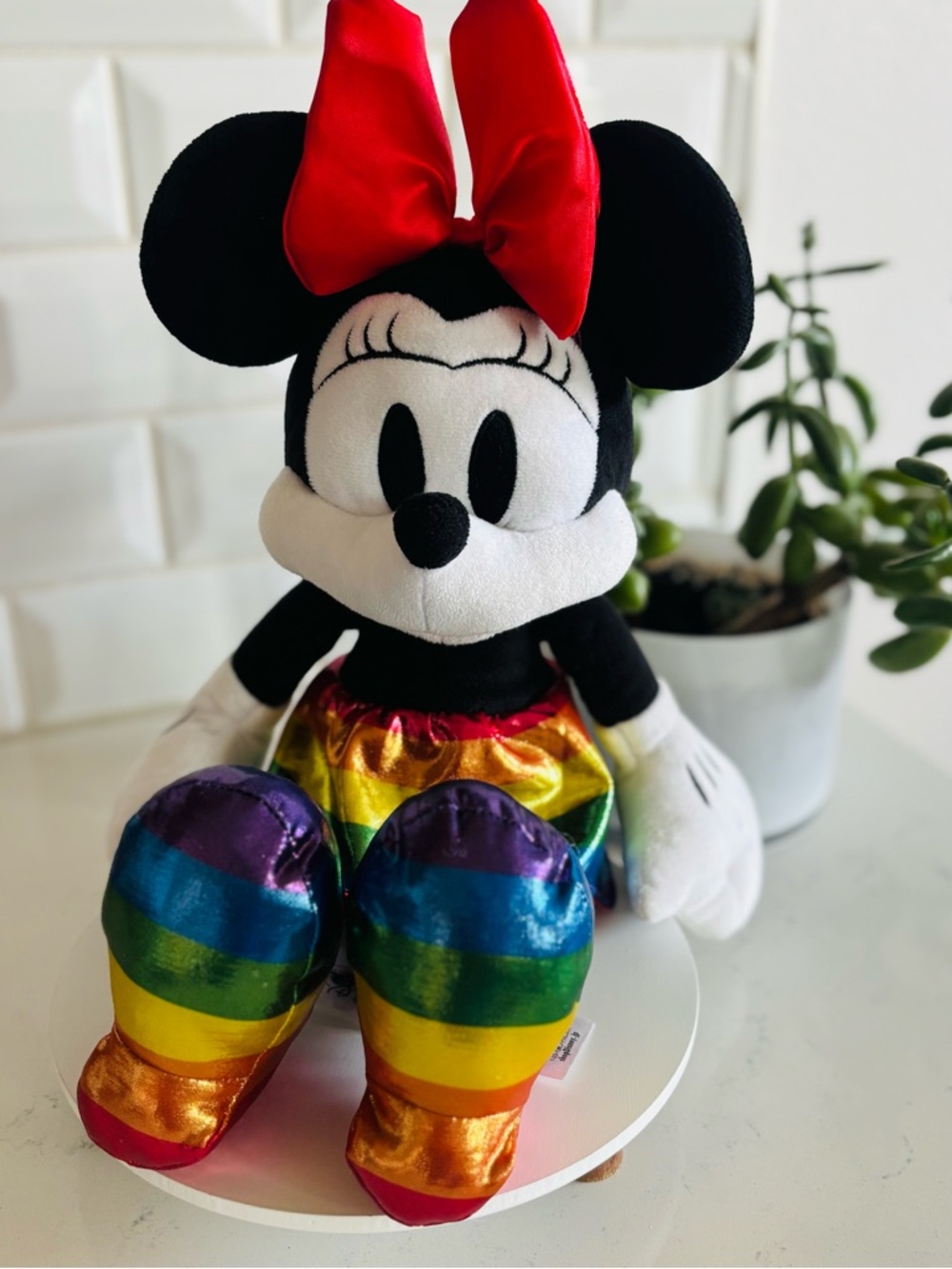 Disneyland Parks Minnie Mouse Rainbow Plush with Red Bow